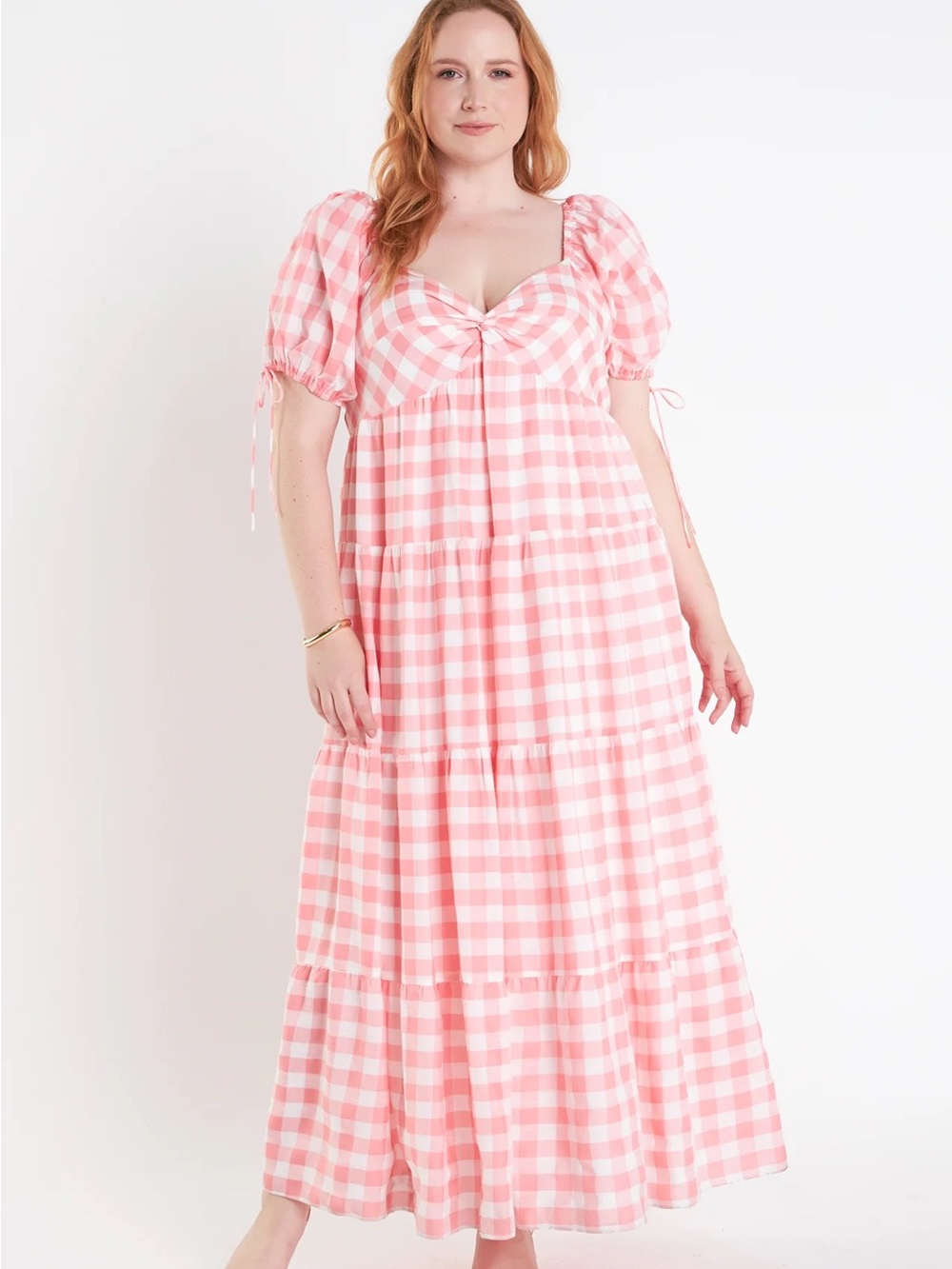 english factory plus size Pink Gingham Puff-Sleeve Maxi Dress nwot